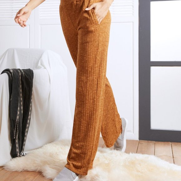 Marled Camel Ribbed Straight Wide Leg Pants - Picture 2 of 7